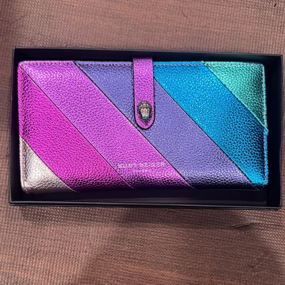 Kurt Geiger Metallic Stripe Leather Wallet in Pink, Purple, Blue, Teal